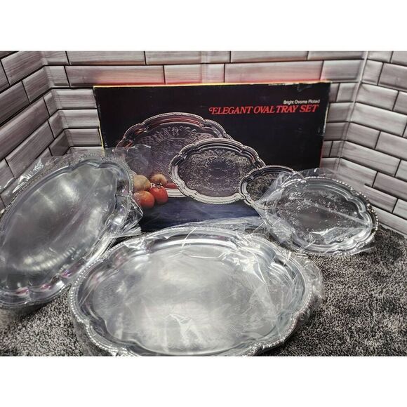 Vintage Mid-Century Elegant Oval Tray Set Bright Chrome Plated Set Of 3 #A2 - Picture 2 of 4